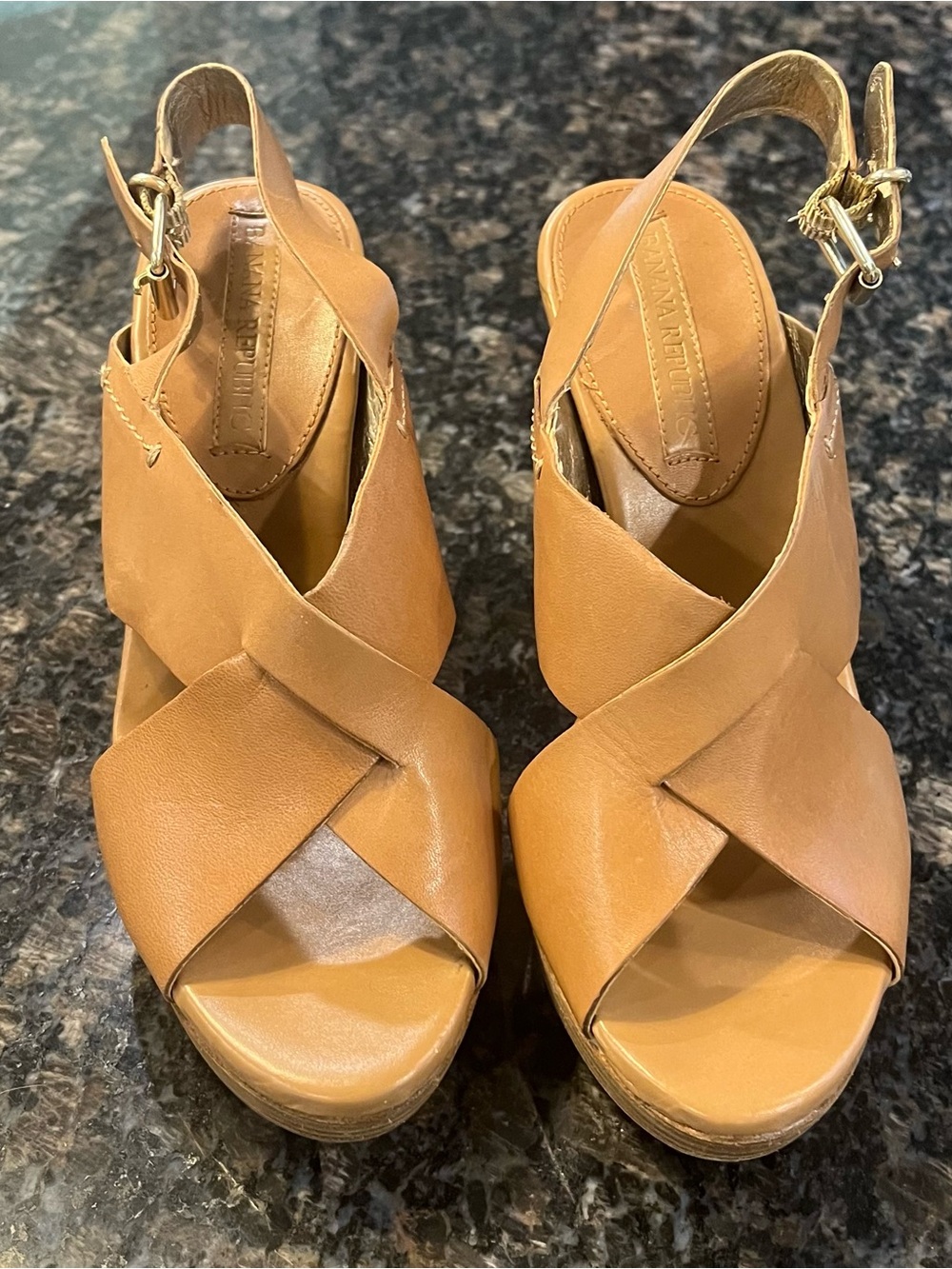 Banana Republic Cognac Leather Crisscross Wedge Sandals